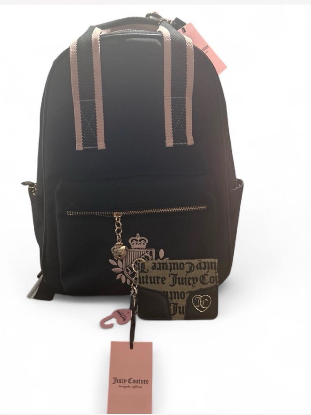 Juicy Couture Black Backpack with Pink-Strap Accents and Logo Wallet Bundle